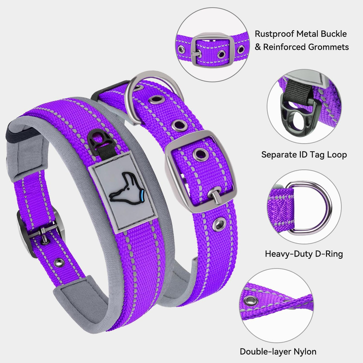 Joytale Reflective Dog Collar for Large Dogs with Wide Padding - Purple / XL - image 3