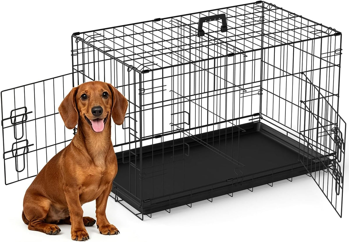 FDW, 48" Foldable Metal Dog Crate, Cage for XL Dogs - Black / 30 Inch Double Door