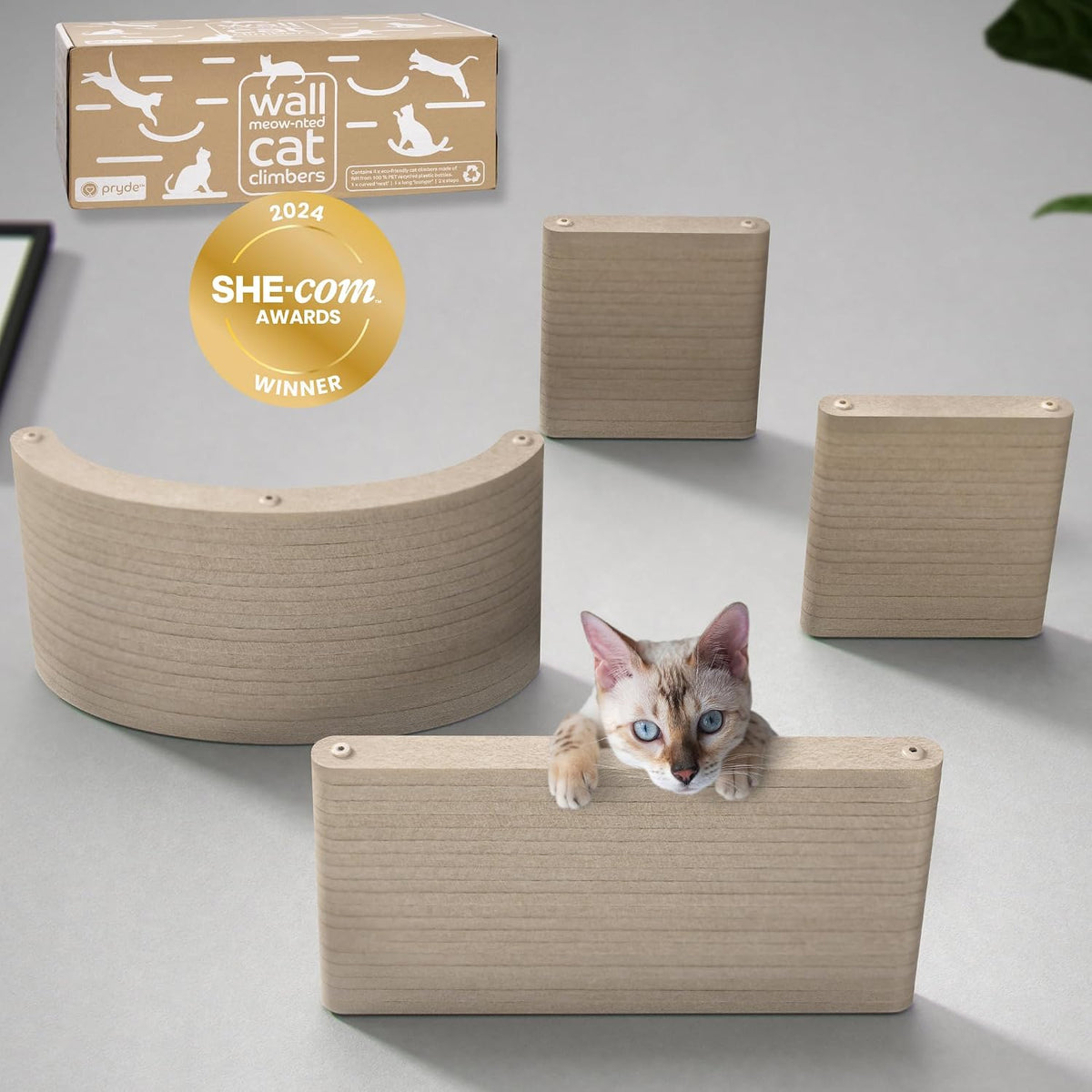 Cat Wall Shelves Set, Indoor & Outdoor by Pryde Pets - Oatmeal / 4 Cat Climbers
