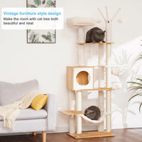 Hey-brother Wooden Cat Tree Tower with Rattan Condo - 21.7"×15.7"×66.1" / Walnut - image 2