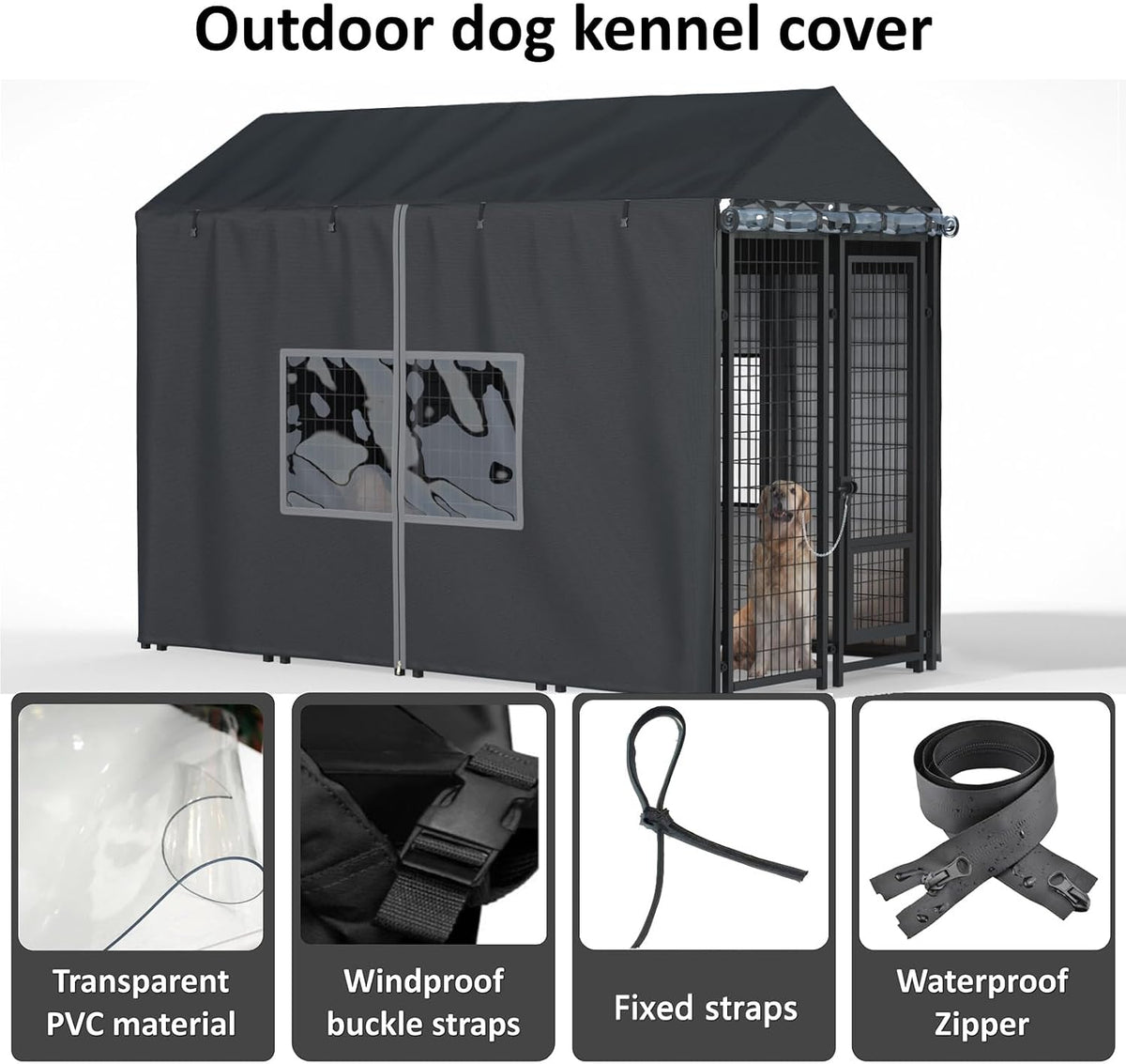 Outdoor Dog Kennel Cover, 8.1'Dx4.1'Wx6H, Full Coverage Black – Essentials for Dogs - Black / 8'D x 4'W x 6'H - image 3