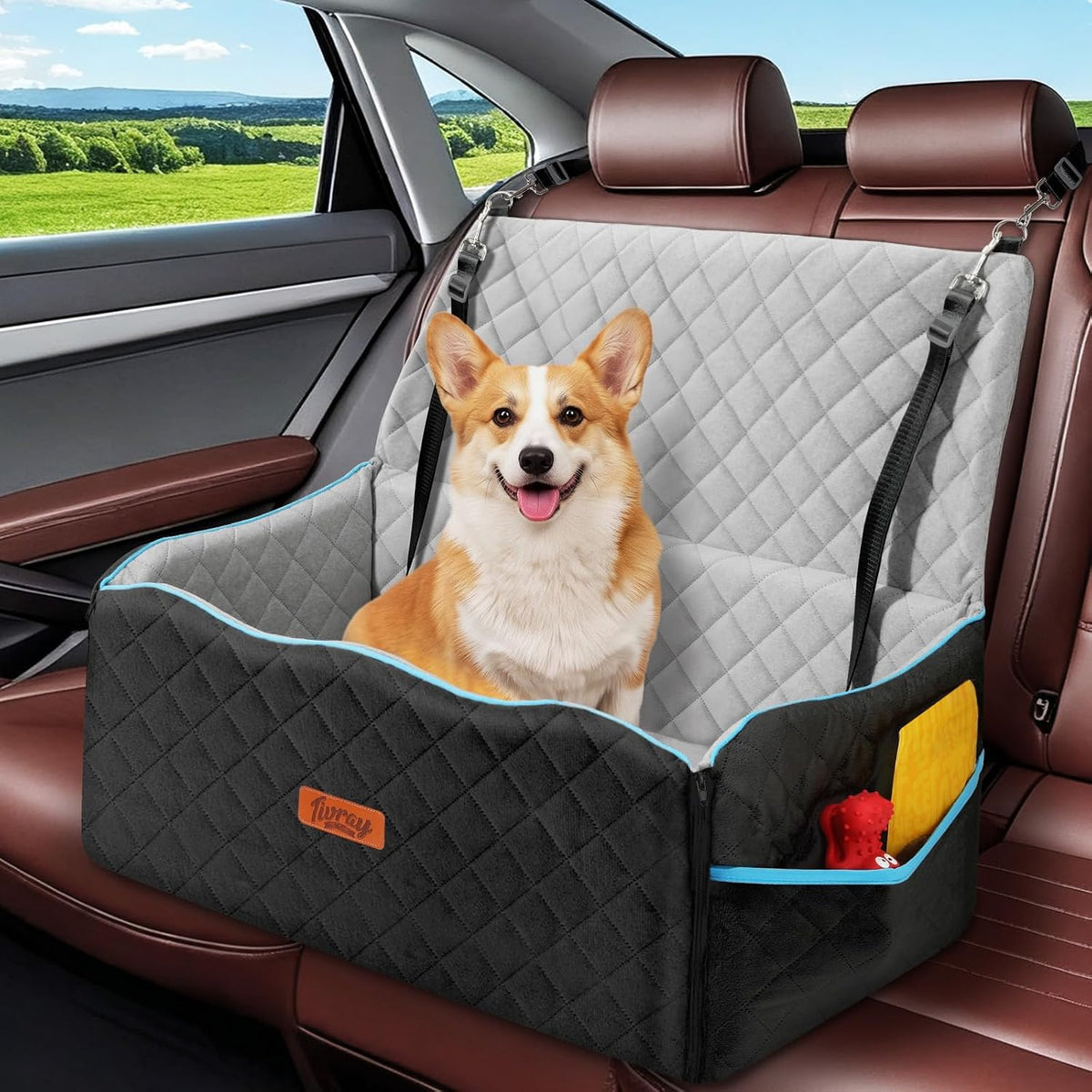 Dog Car Seat for Medium Dogs Up to 60 lb, Thick Cushion - Black & Gray / L