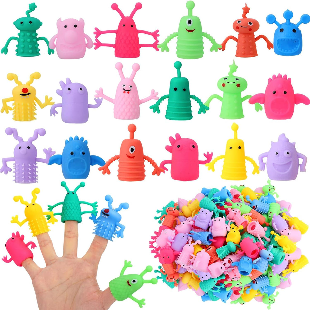 Booson monster finger puppets in bright colors, 80 pack of rubber finger toys