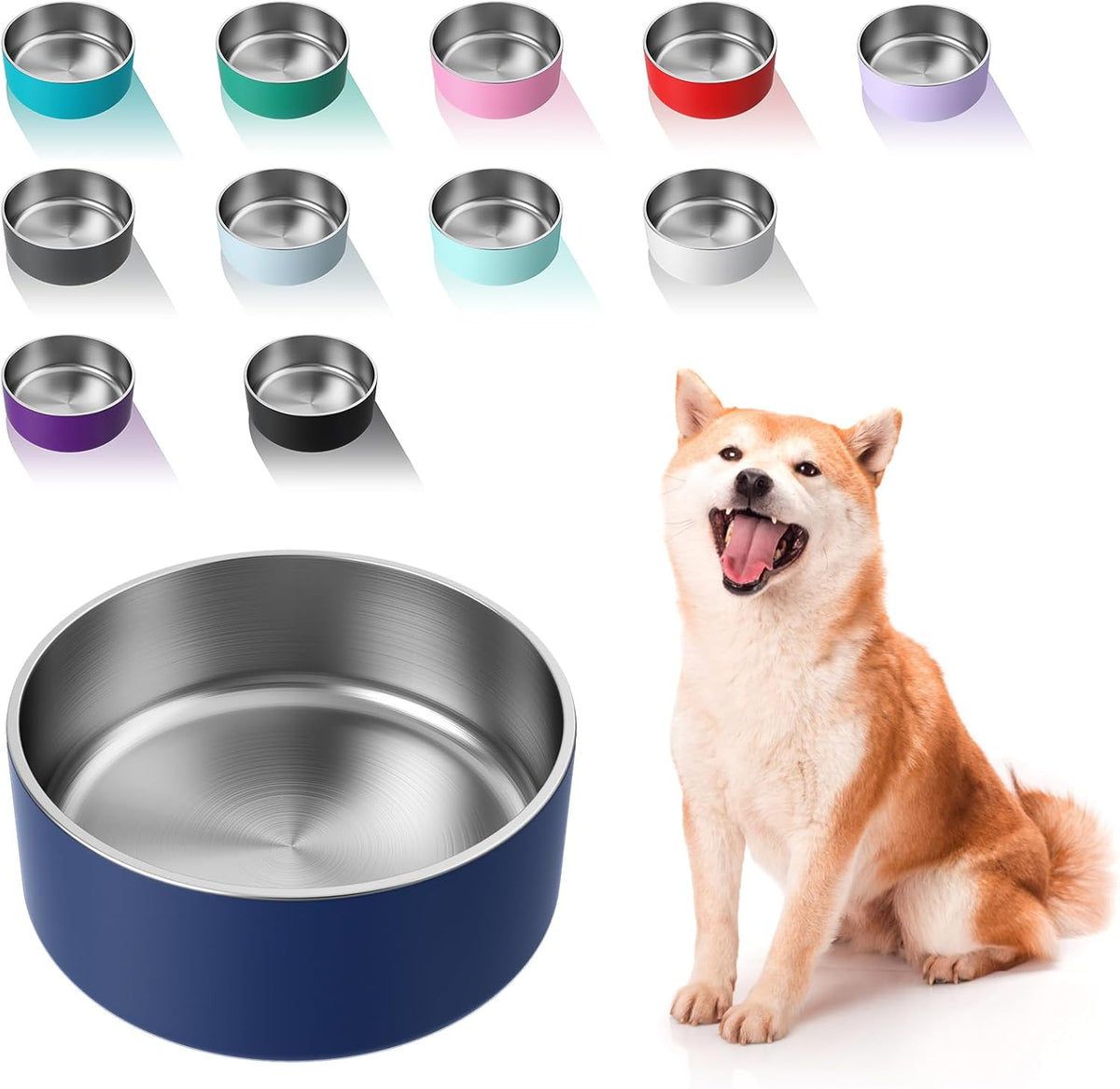 Dog Bowl, Stainless Steel Food and Water Bowl - 64 oz / Blue