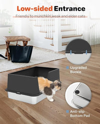 Stainless Steel Litter Box with Lid, 23.5" L x 15.8" W x 10.5" H, Large Metal Cat Box for Big Cats, High Sided Kitty Litter Box with Scoop & Pee Pads, Non-Sticky, Anti-Leakage, Easy to Clean (Black)