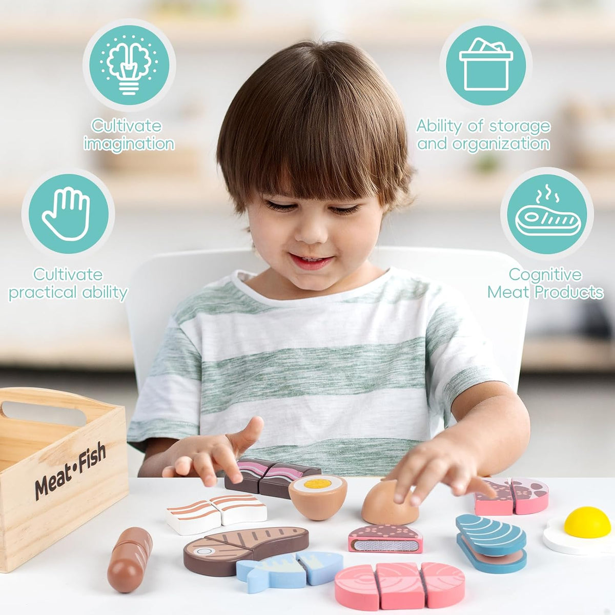 kienvy 10-piece wooden meat and fish play food set with storage box - view 20