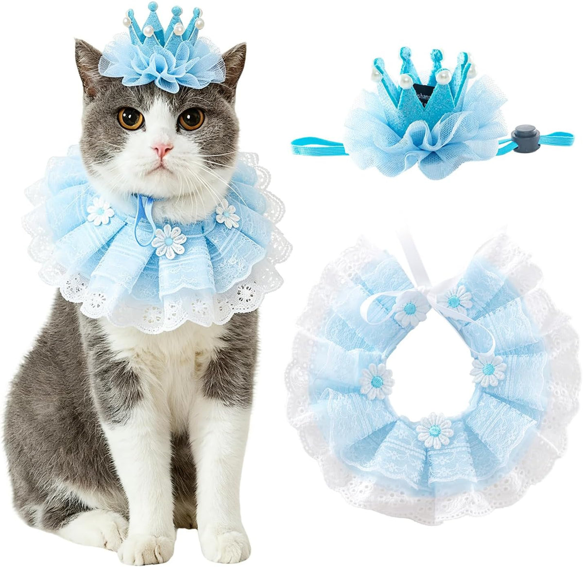 Cat Princess Costumes Pink Cat Crown Hat & Lace Bandana Scarf Set – Essentials for Cats - Blue