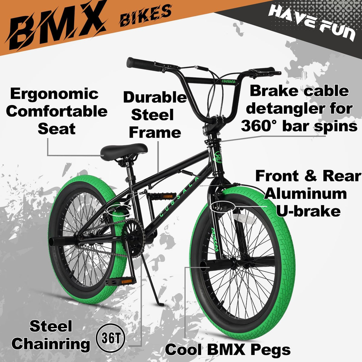 cubsala Crossea 18 20 Inch Kids Freestyle BMX Bike for 5-13 Years Old – Fun for Kids & Family - Black & Green / 20 Inch / With 4 Pegs&360° Rotator - image 2