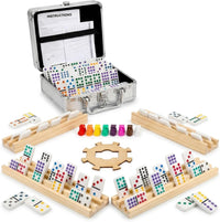 Jumbo Double Six Dominoes Set for Adults, Black Tiles - Double-12 | Aluminum Case | 4 Racks