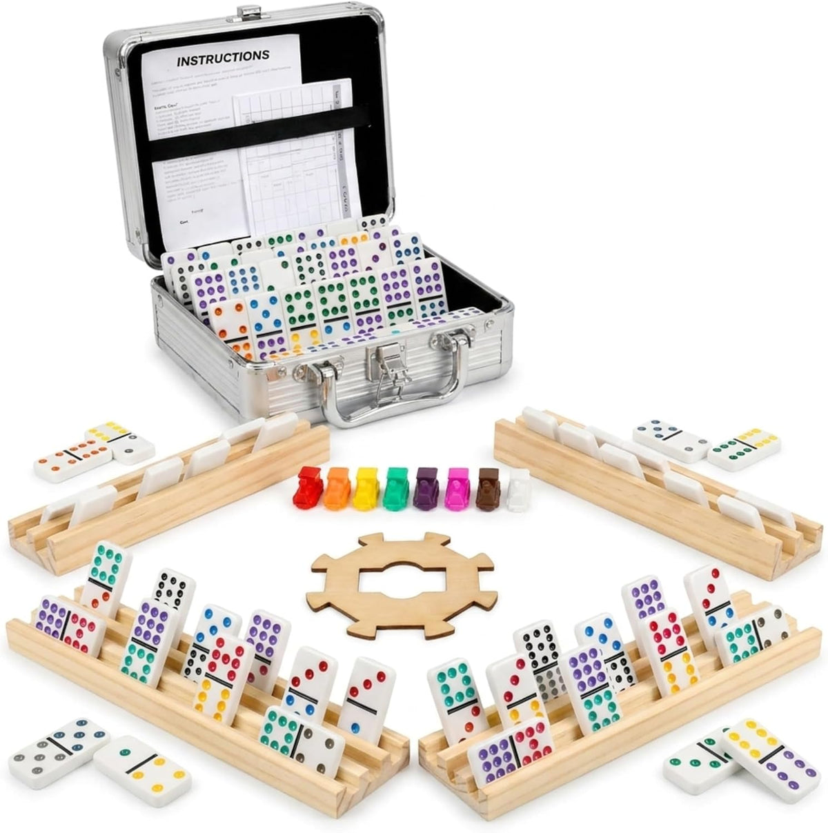 Jumbo Double Six Dominoes Set for Adults, Black Tiles - Double-12 | Aluminum Case | 4 Racks