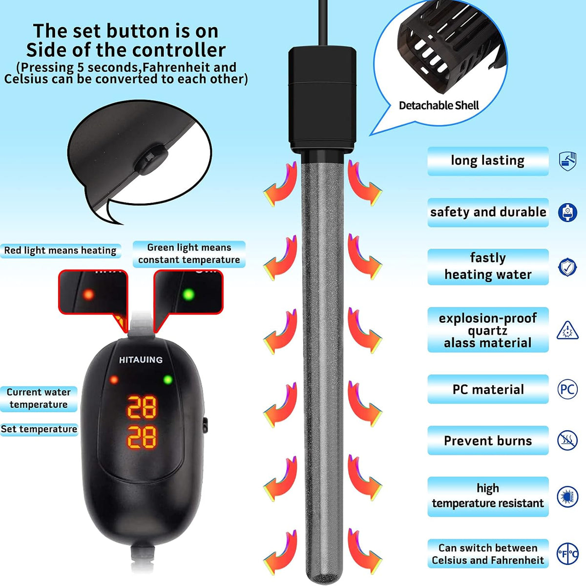 HiTauing Aquarium Heater, 50W/100W/200W/300W/500W Submersible Fish Tank Heater - 300W - image 3