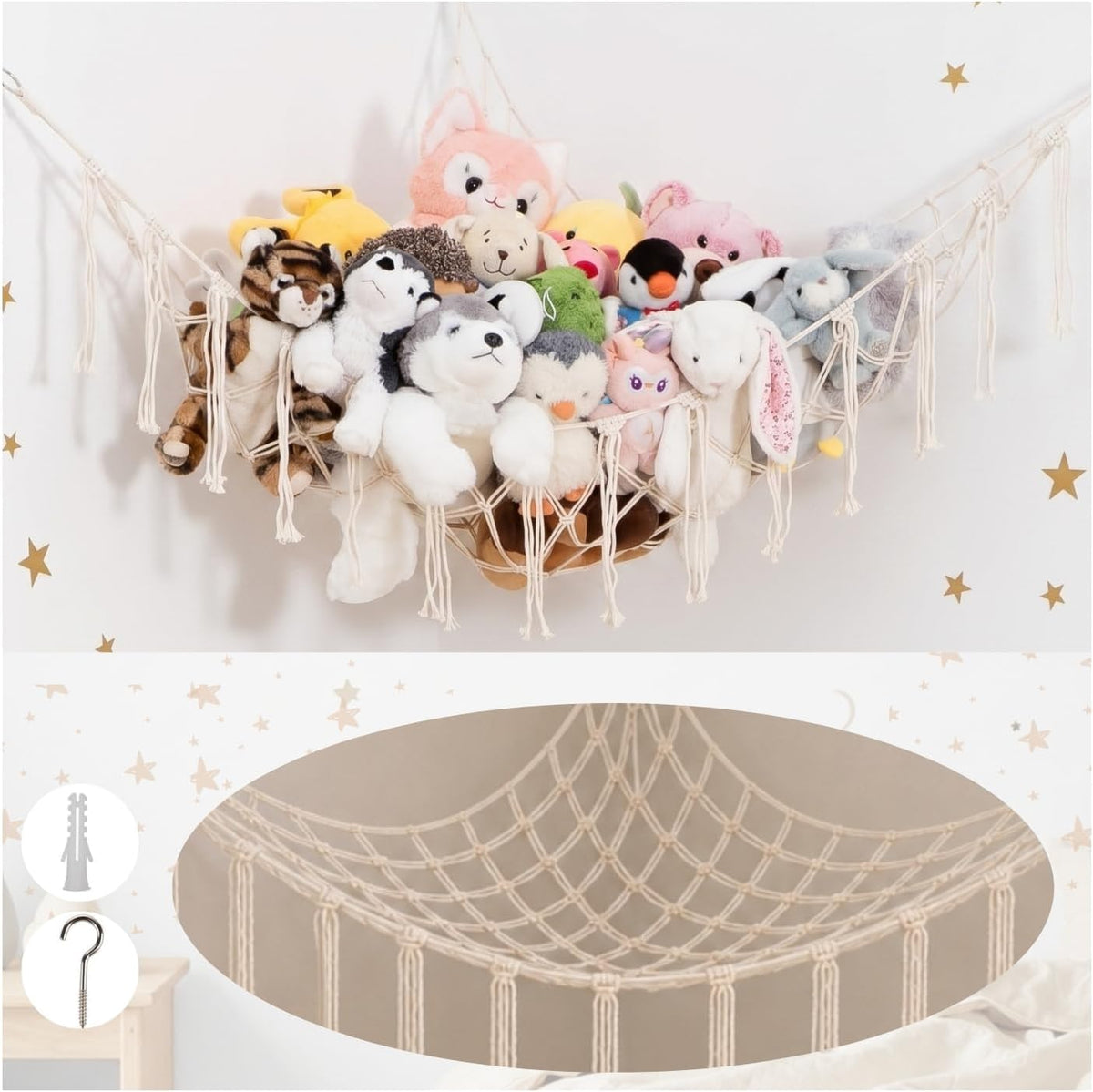 Lilly's Love white macrame stuffed animal hammock hanging in a bedroom corner - view 10