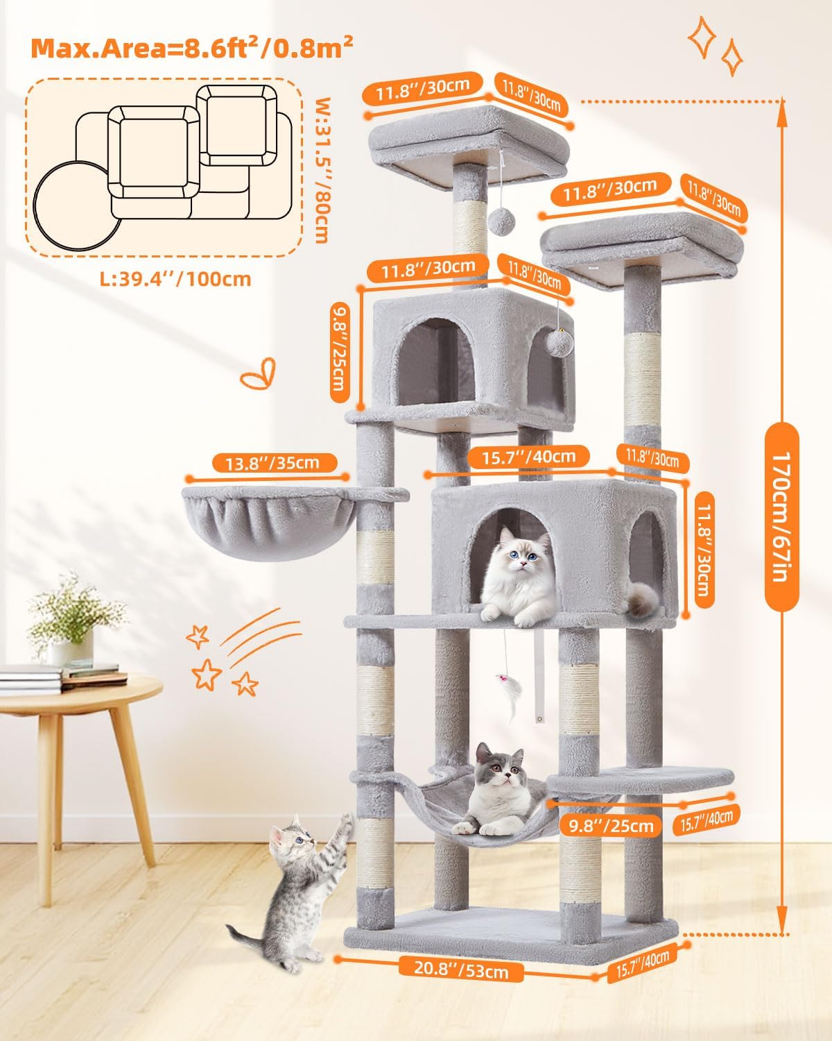 Taoqimiao Cat Tree, 67 in Tall Cat Tower with 2 Plush Cat Condos – Essentials for Cats - 67 inches / Light Gray - image 2
