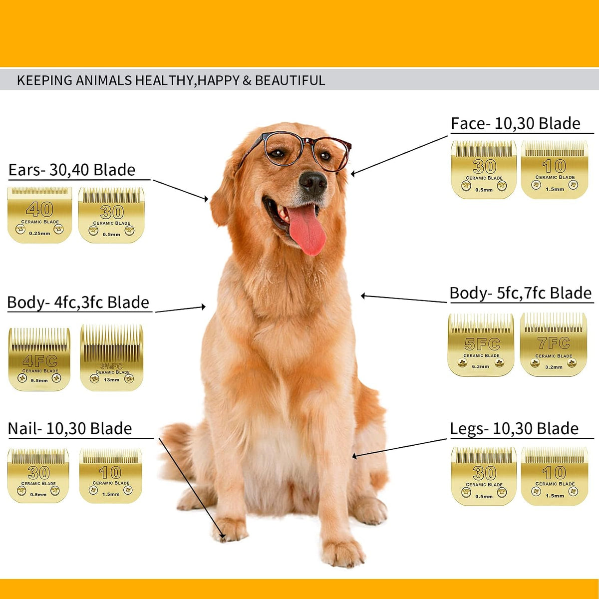 10# Grooming Ceramic Pet Clipper Blades Compatible with Andis & Oster - Gold / 4 Pack（3.2-13mm） - image 3