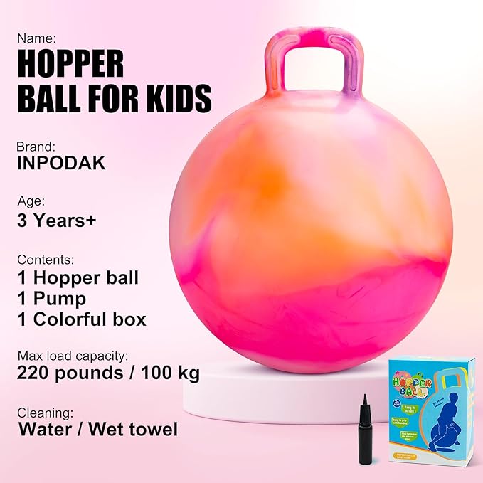 INPODAK Hopper Ball 18 Inch Bouncy Ball with Handle for Kids, Hippity Hop Jumping Bounce Hopping Toy for Boys Girls Ages 3-6 Includes Pump and Gift Box Great Gift for Birthday