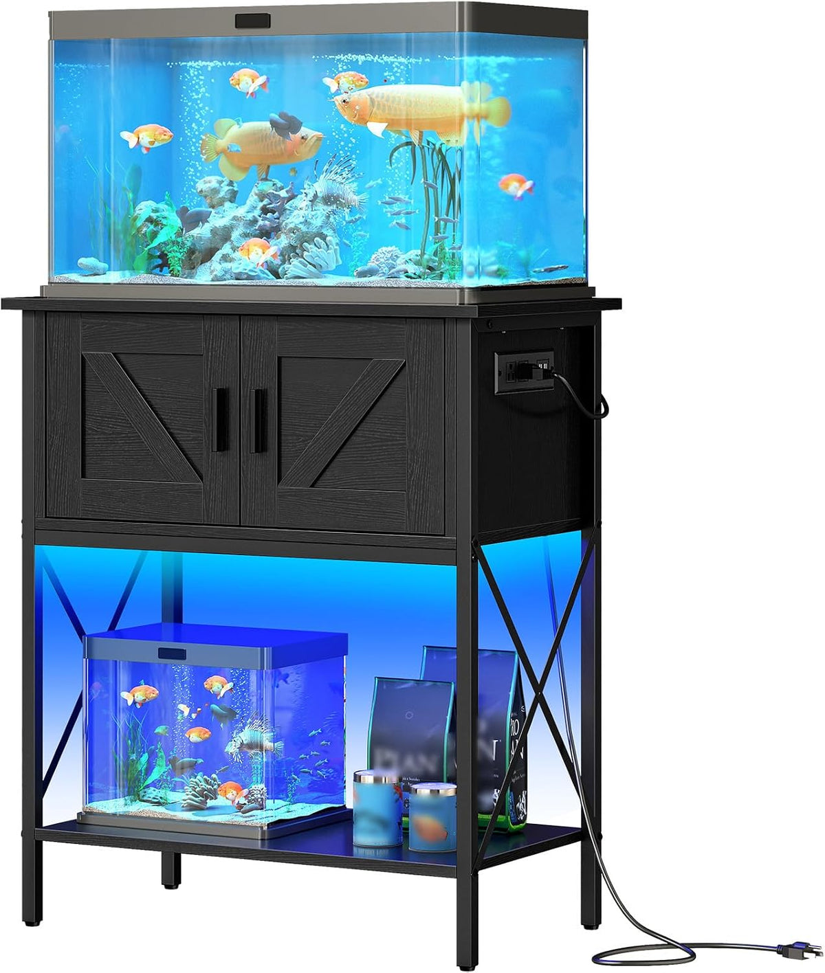 HOOBRO 20 Gallon Fish Tank Stand with Power Outlets and LED Light – Essentials for Fish - Black