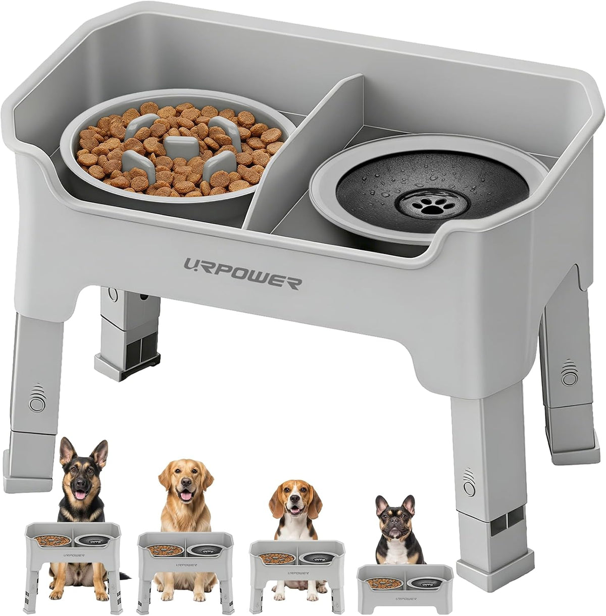 URPOWER Mess Proof Elevated Dog Bowls 4 Height Adjustable Raised Stand – Essentials for Dogs - Light Grey / Large
