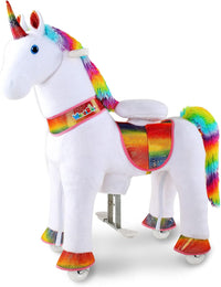 WondeRides brown plush ride on pony for kids with foot pedals, handlebar and wheels