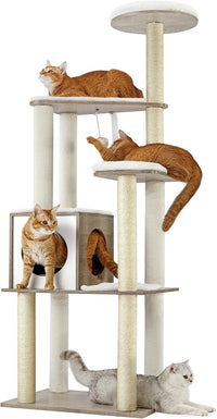Feandrea Cat Tree, 64.6-Inch Multi-Level Tower with 5 Scratching Posts – Essentials for Cats - Heather Greige