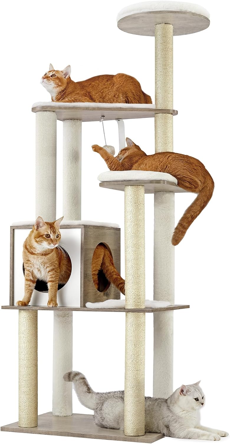 Feandrea Cat Tree, 64.6-Inch Multi-Level Tower with 5 Scratching Posts – Essentials for Cats - Heather Greige