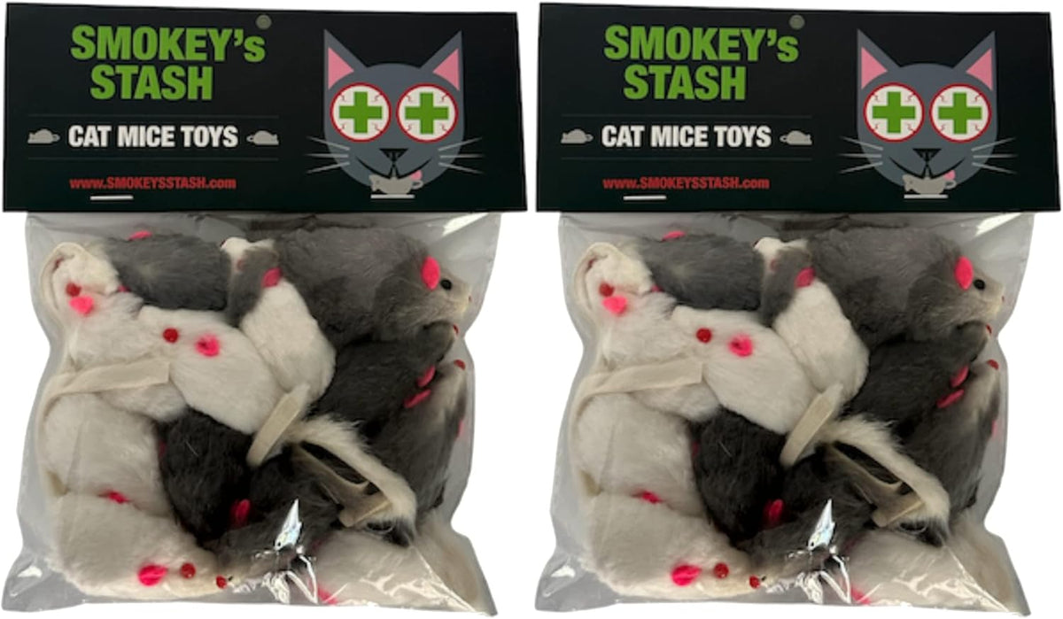 Smokey's Stash Rabbit Fur Mouse Cat Toy 12 per Pack White and Gray - 24