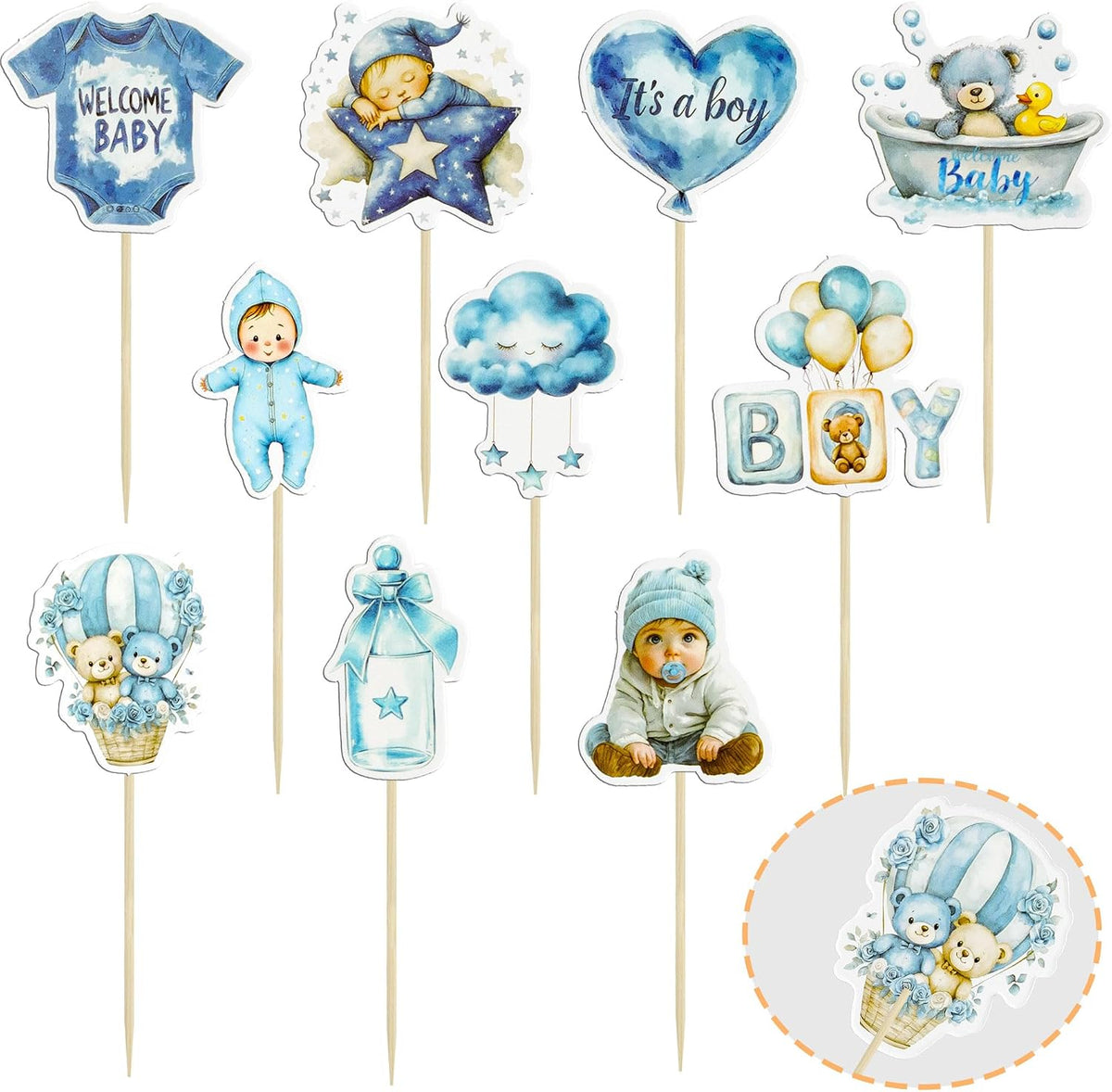 Gyufise 36Pcs Baby Shower Bear Cupcake Toppers Moon Baby Bear Baby - Deep Blue - image 3