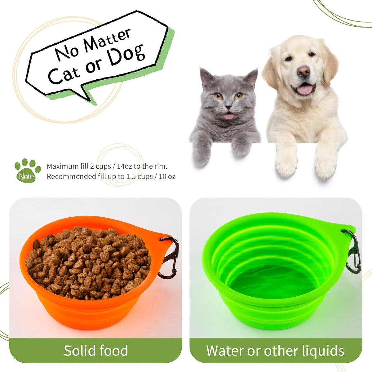 Dog Bowl Pet Travel Collapsible Bowls 2 Pack - Orange + Green - image 3