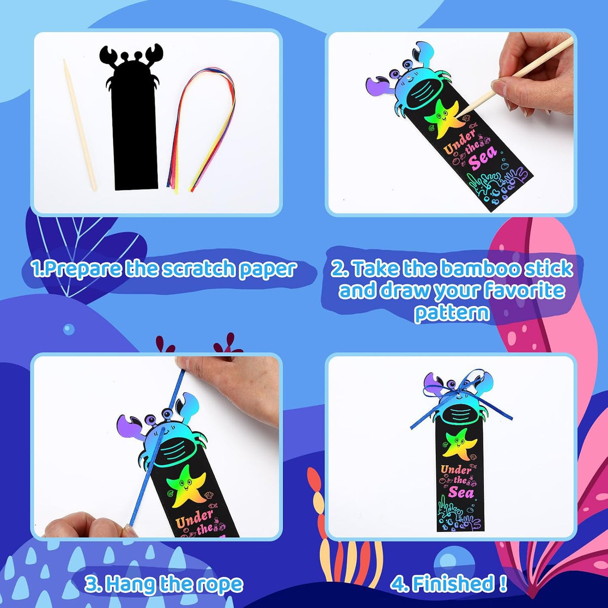 JUNEBRUSHS rainbow scratch art bookmarks with bamboo scratch sticks and colored satin ropes - view 35