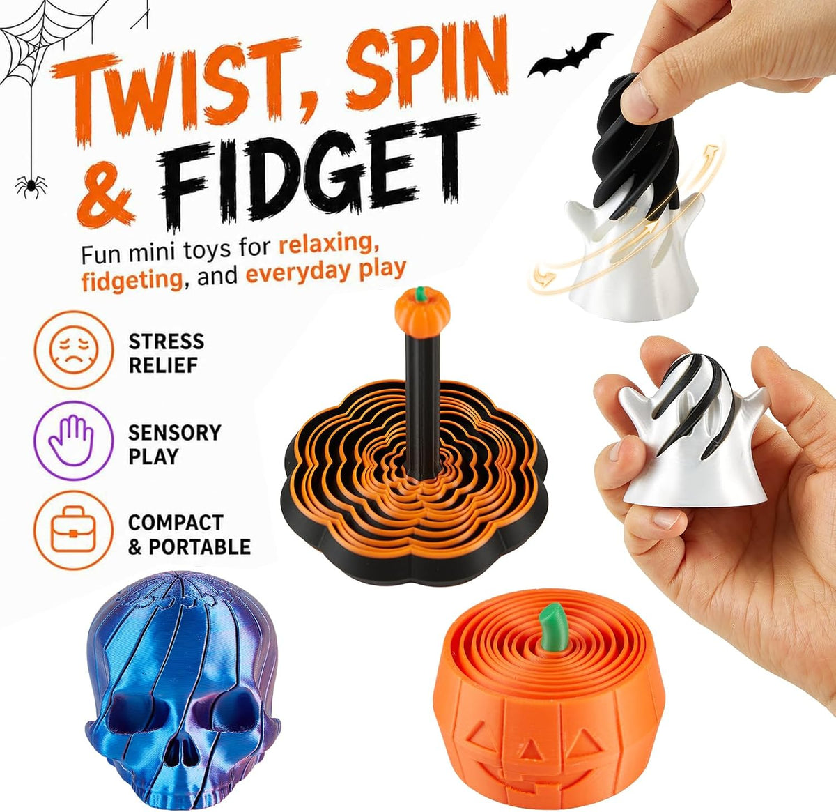 Four 3D printed Halloween spiral pumpkin passthrough fidget toys - view 15