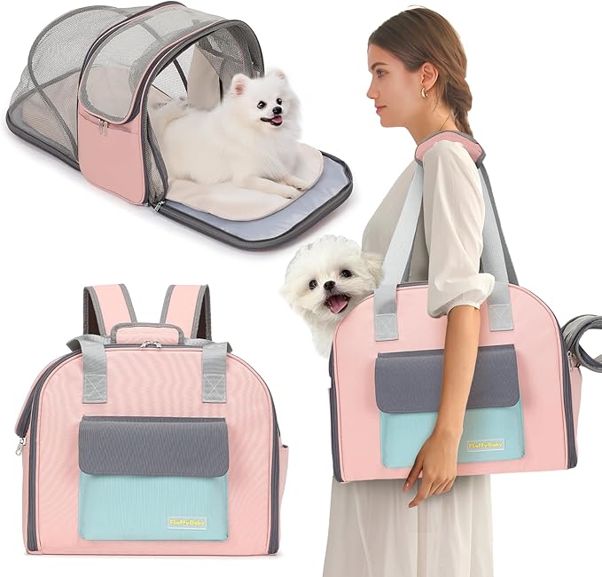 Expandable Pet Carrier Backpack, Cat Carrier Backpacks with Breathable Mesh for Cats Small Dogs Puppies Up to 25 Lbs Airline Approved Waterproof Travel Carrier with Safety Buckle for Hiking & Flights