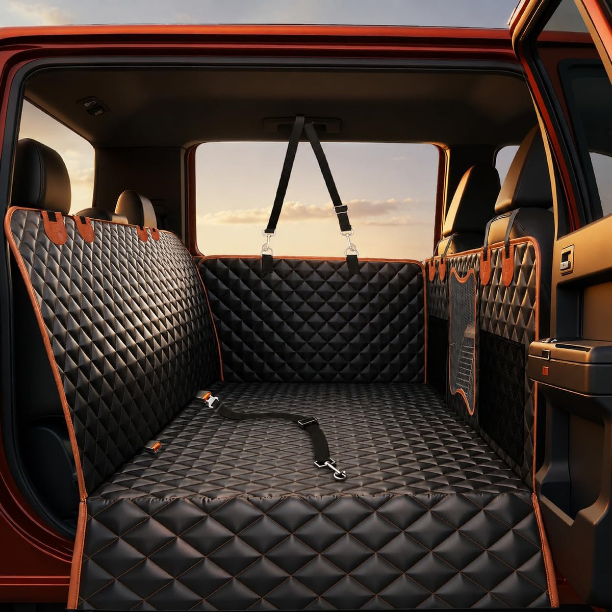 Back Seat Extender for Dogs - Black with Orange / For Full Size Truck