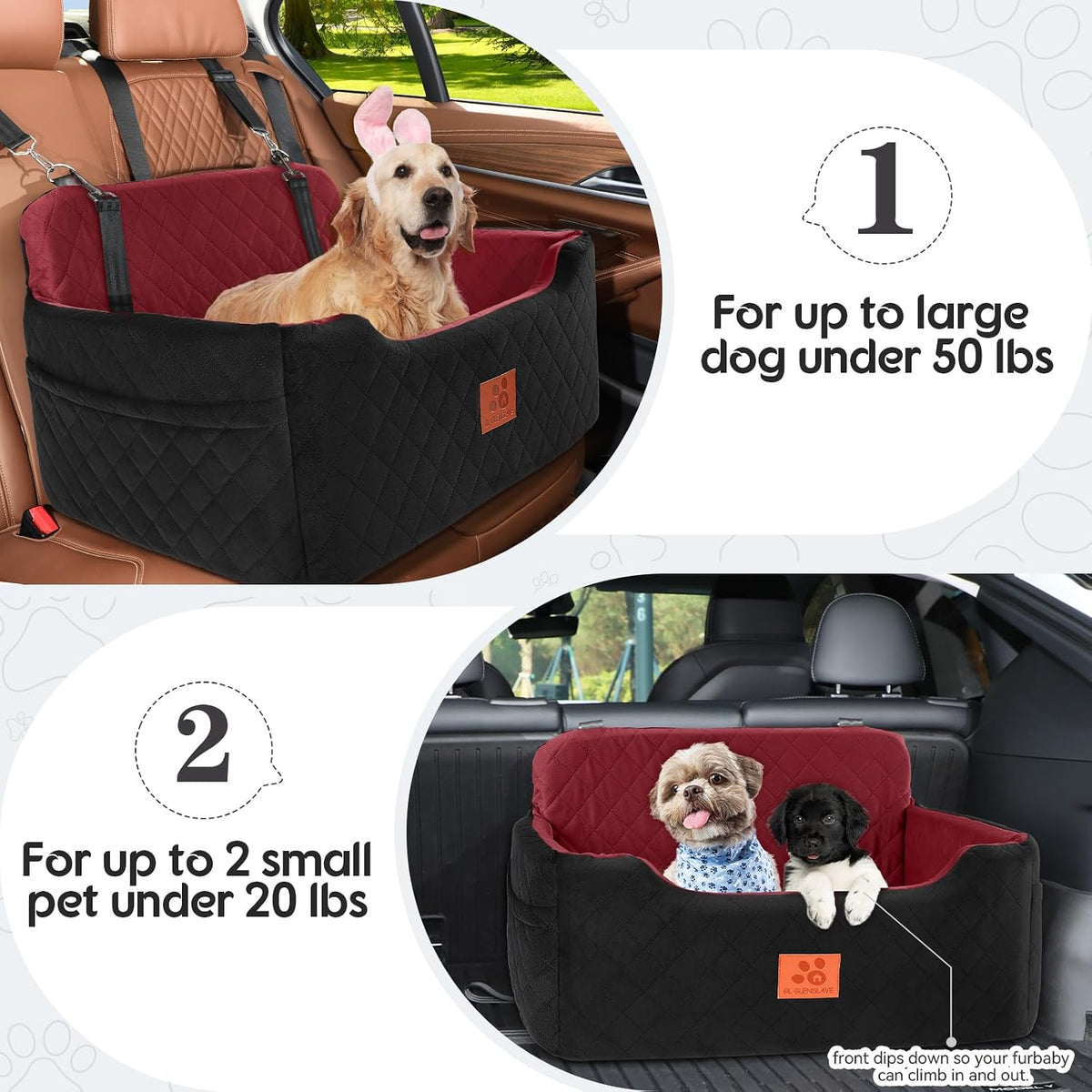Dog Car Seat for Medium/Large Dog Under 50 lbs or 2 Small Dogs – Essentials for Dogs - Black/Red - image 2