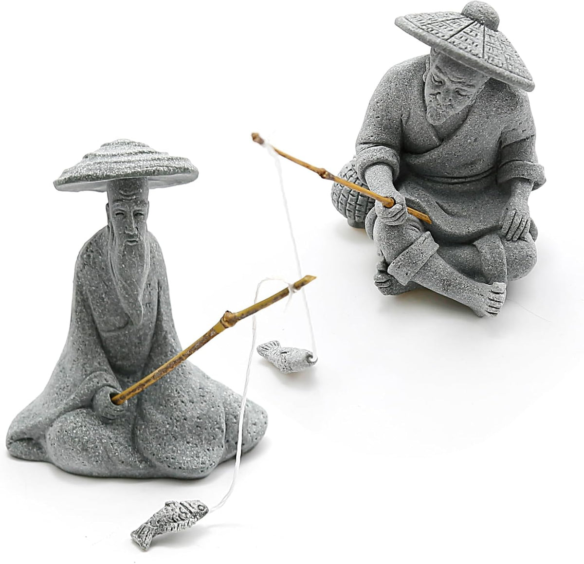 2PCS Sitting Fishing Figurines Sandstone Vintage Ornament Japanese - Medium Size