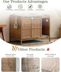 Cat Litter Box Enclosure Furniture with Divider, Handwoven Rattan Litter Box with Mat, 31.2 x 19.6 x 24.2 Inches, Metal Heightened Feet, Hidden Cat House for Living Room, Bedroom (Natural)