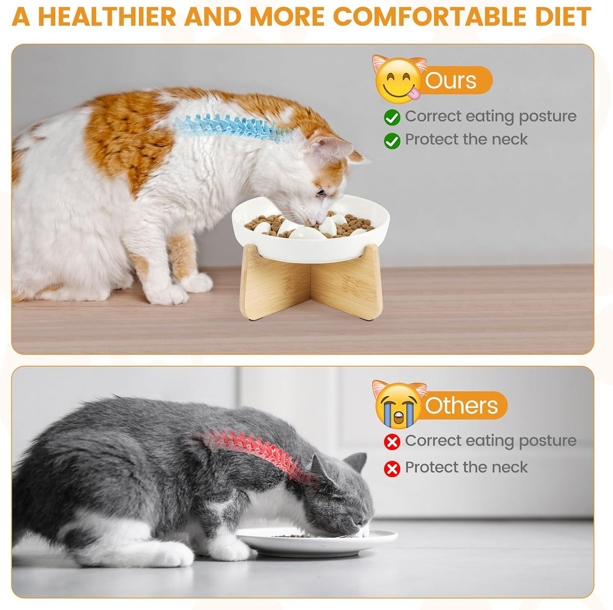 PETTOM Slow Feeder Cat Bowl Elevated Ceramic with Bamboo Stand - White Fish - image 4