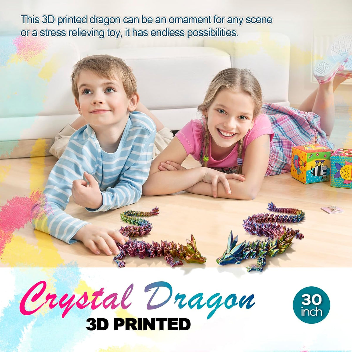 24" Large 3D Printed Dragon - Gold Red Blue / 30 inch - image 4