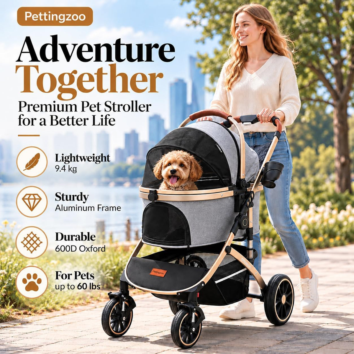 Pettingzoo Dog Stroller, Aluminum Frame, Removable Carrier - gray - image 2