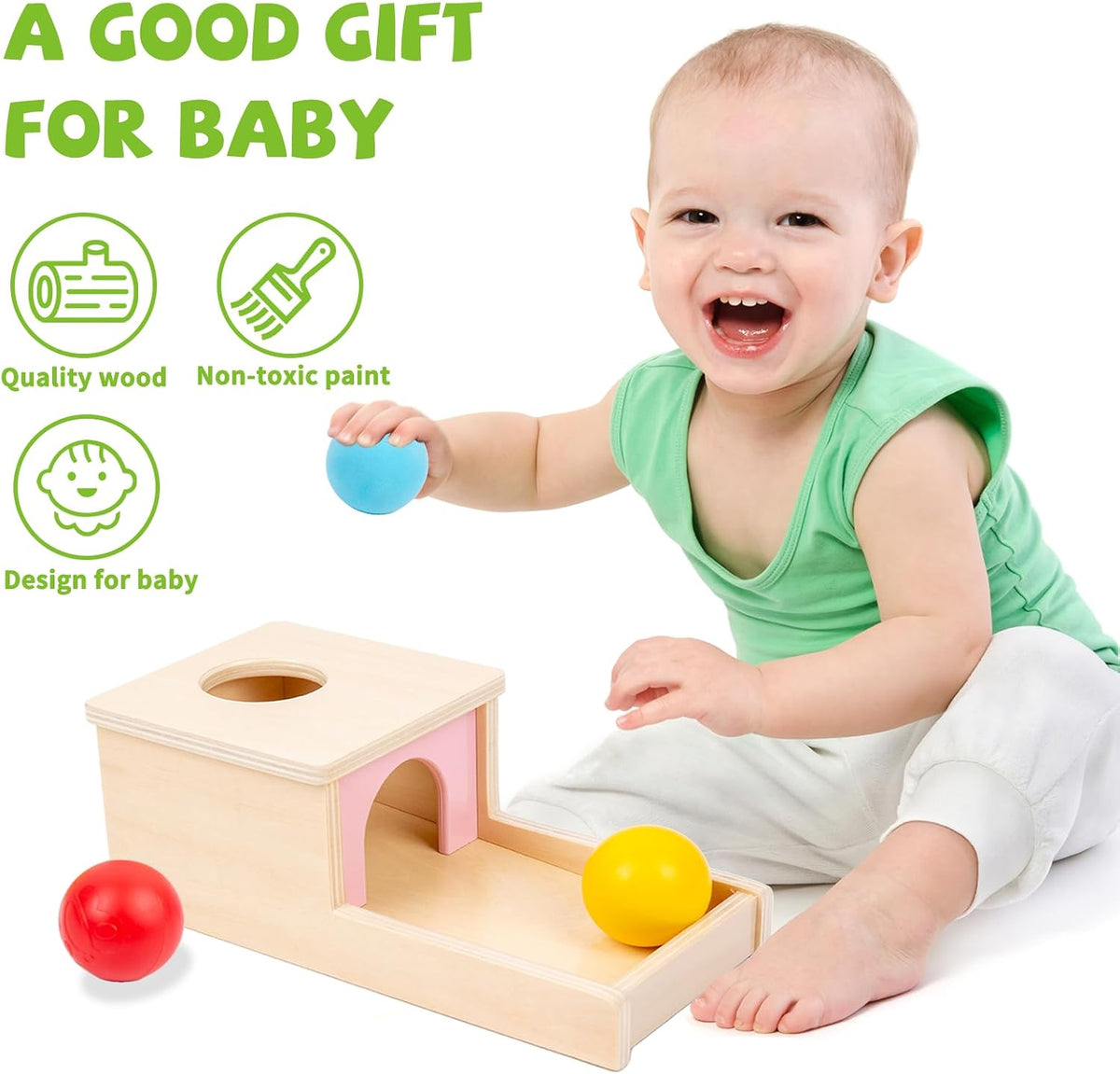 Adena Montessori Object Permanence Box with Tray Three Balls - Pink Door - image 2