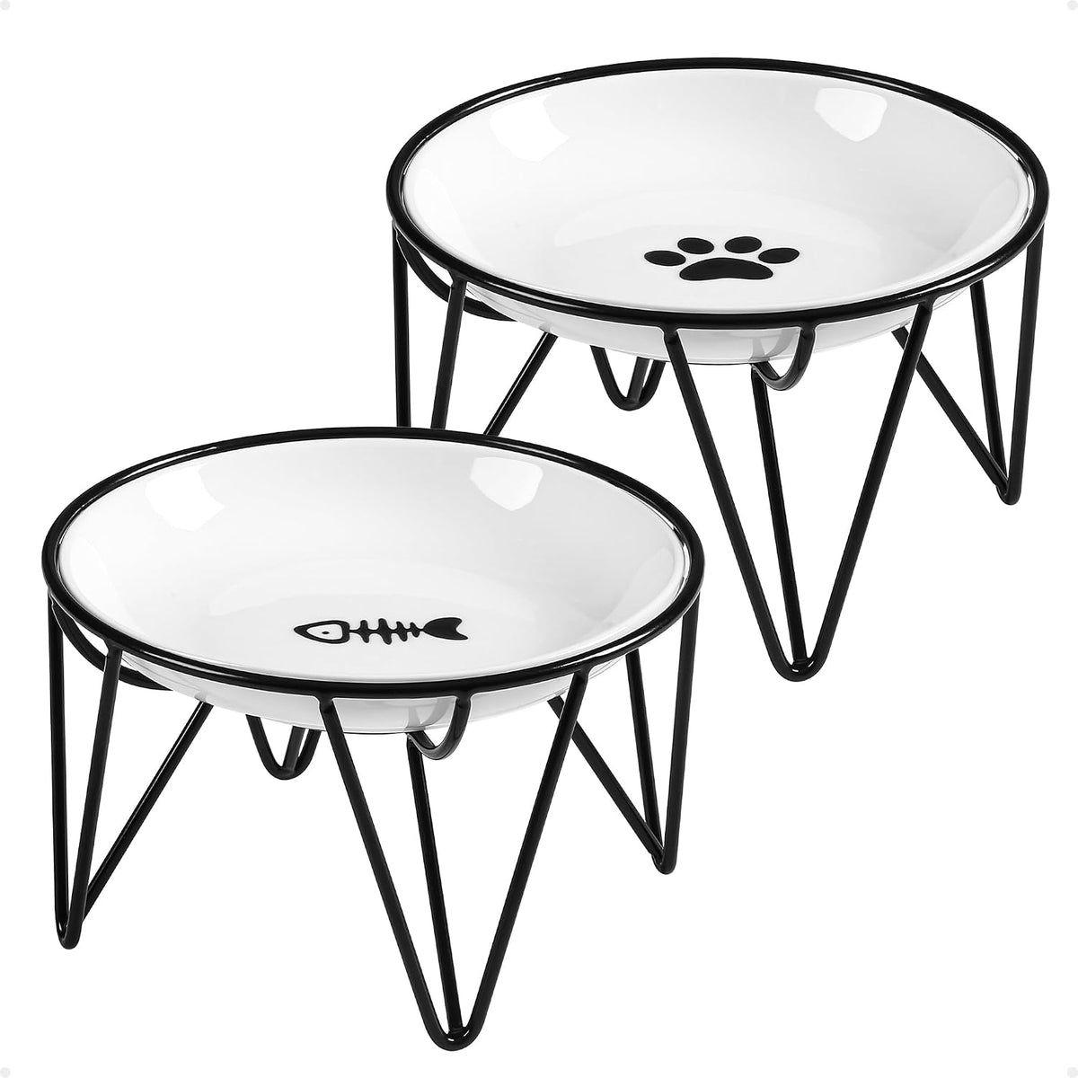 Ceramic Cat Bowls, Raised, Whisker Friendly - raised dish,2 pack / fishbone+cat paw