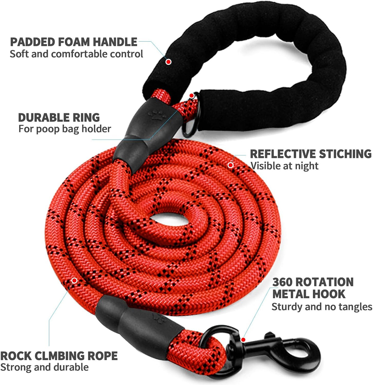 COOYOO 2 Pack Dog Leash 5 FT Heavy Duty - 1/2"x 6 FT (18~120 lbs.) / 1 Pack A-Red - image 4