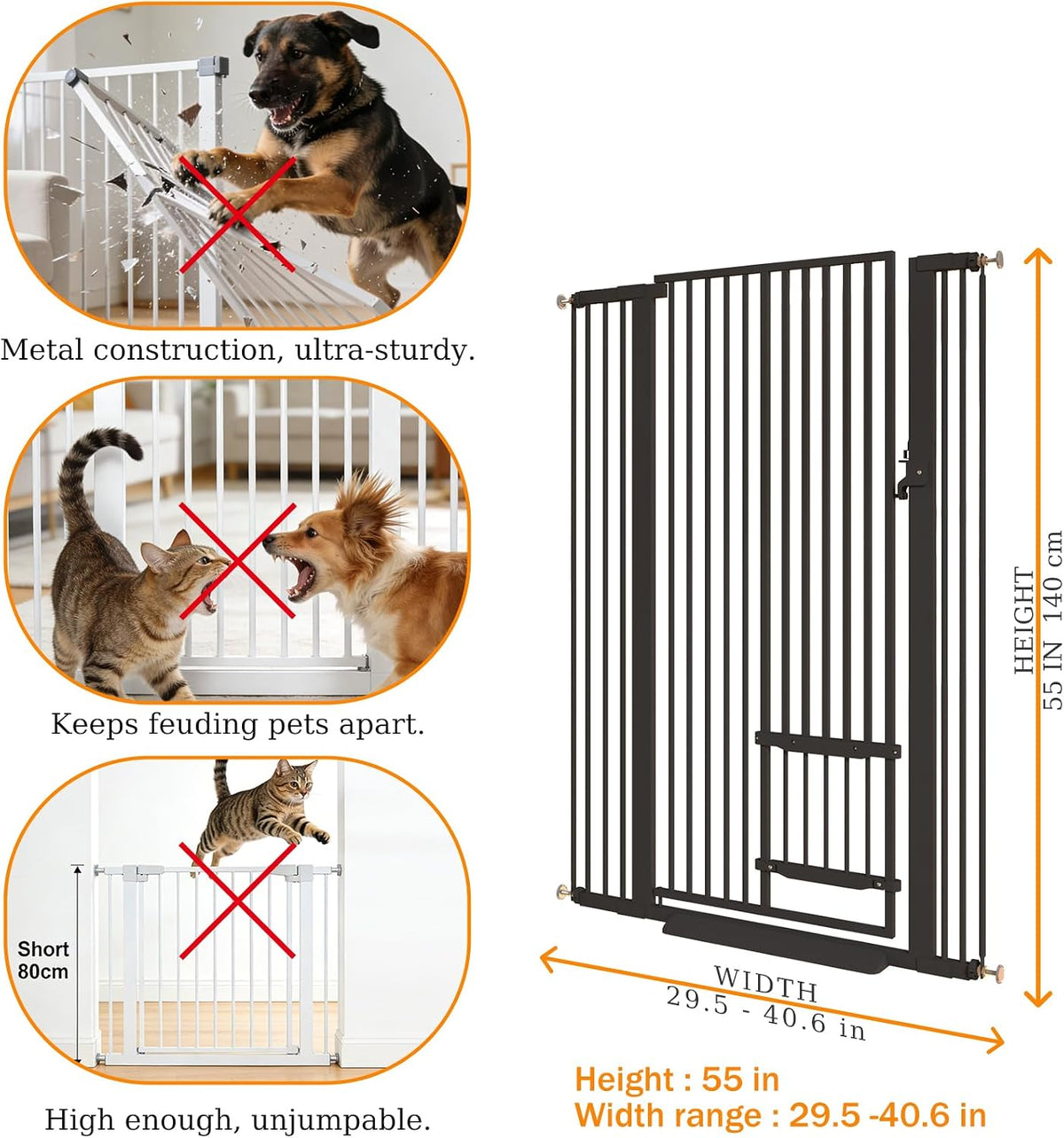 71" Extra Tall Cat Gate 29.5-40.6 Wide Pet gate with Small Cat Door - Black / 55.11 inches SET A - image 2