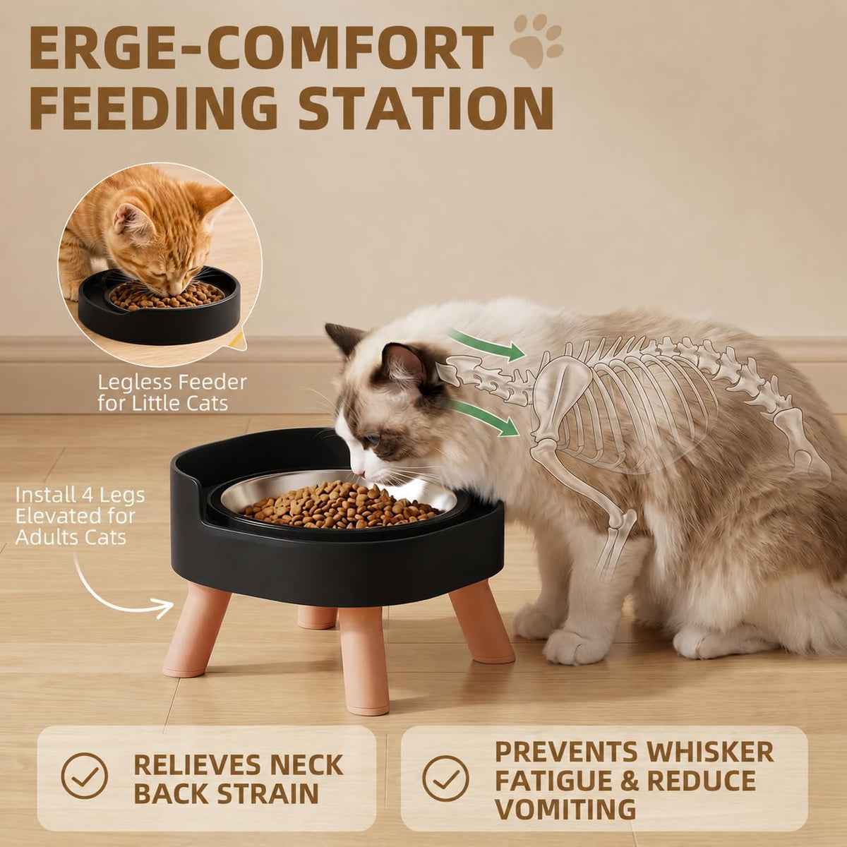 Elevated Cat Bowls, 2P Raised Cat Food and Water Bowl Set for Indoor Cats, Splash Proof with 2 - 2P Cat Bowls - Black - image 3