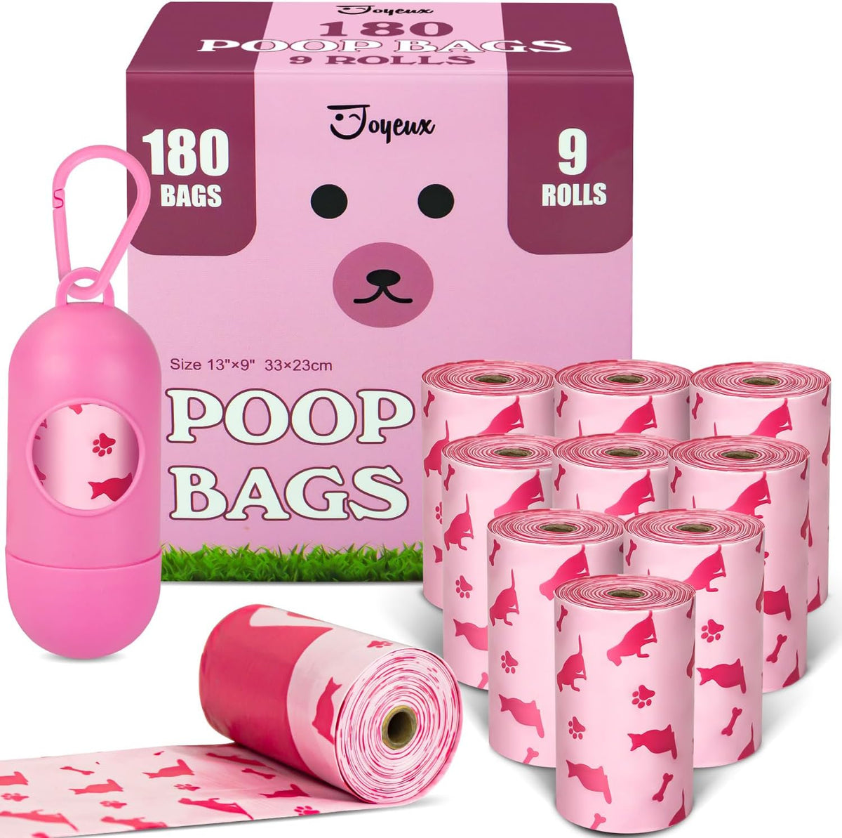 Joyeux 240 Count Ocean Scent Dog Poop Bags Rolls, with Dispenser - 180 Count (Pack of 1) / Pink