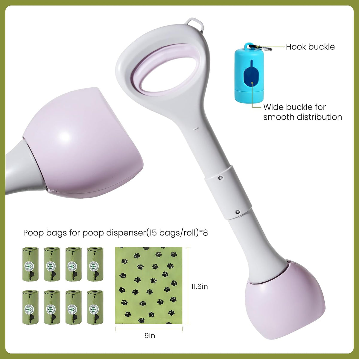 Dog Pooper Scooper Portable with Bag Attachment - Purple + 120 garbage bags + dispenser - image 2