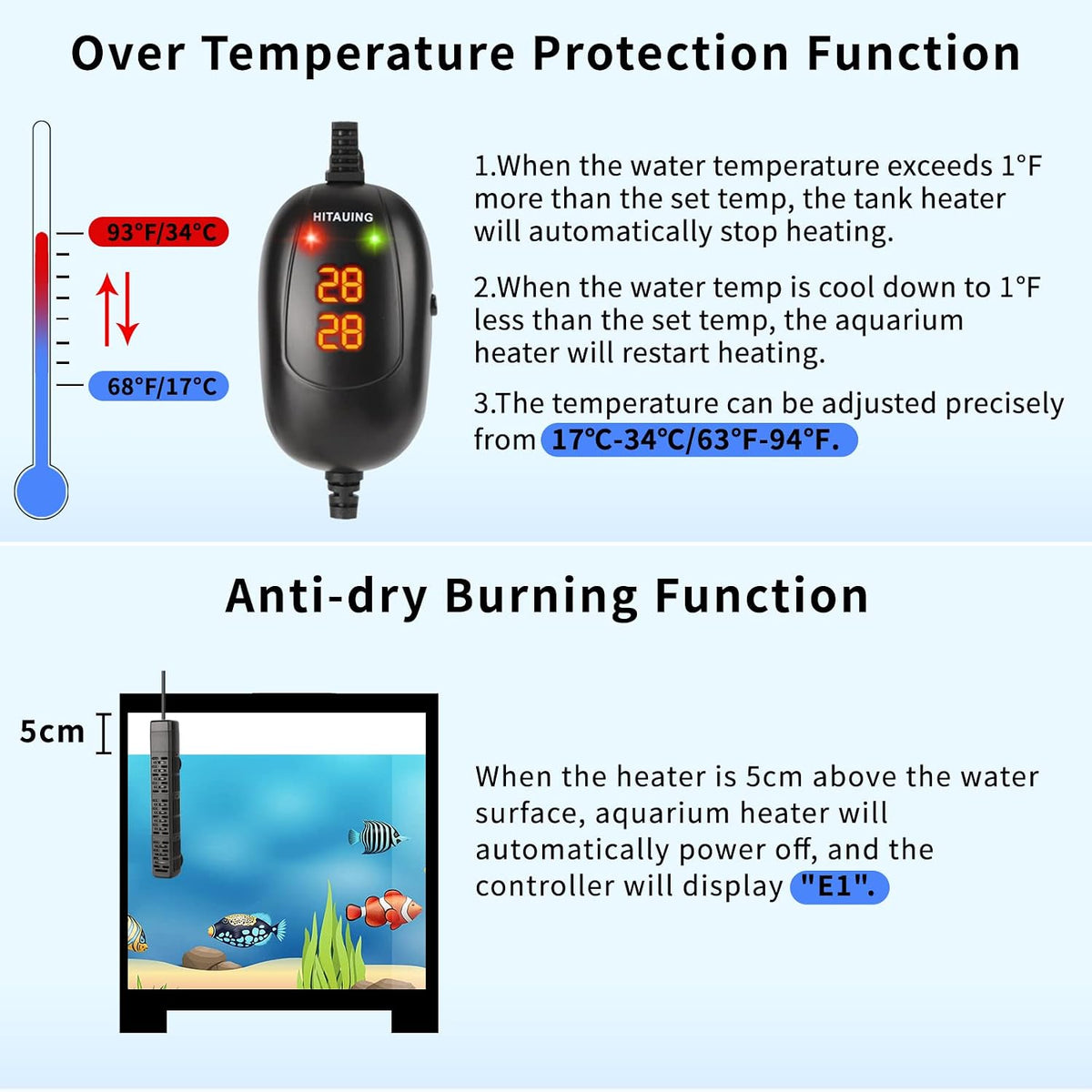 HiTauing Aquarium Heater, 50W/100W/200W/300W/500W Submersible Fish Tank Heater - 200W - image 2