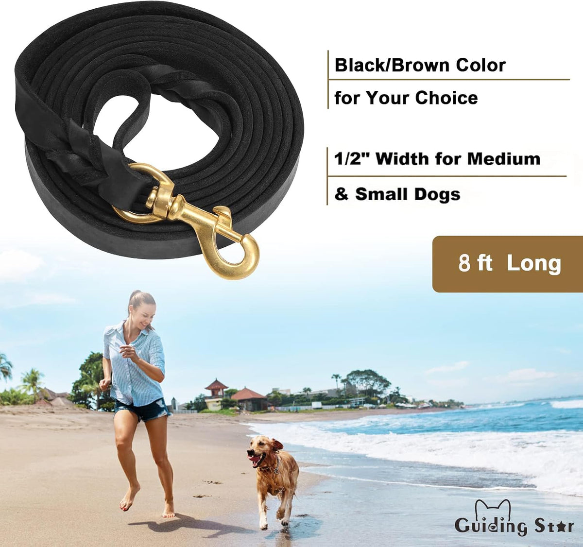 Guiding Star Leather Dog Leash 6ft x 3/4 inch Heavy Duty Training - Black / 8ft x 1/2 inch - image 2