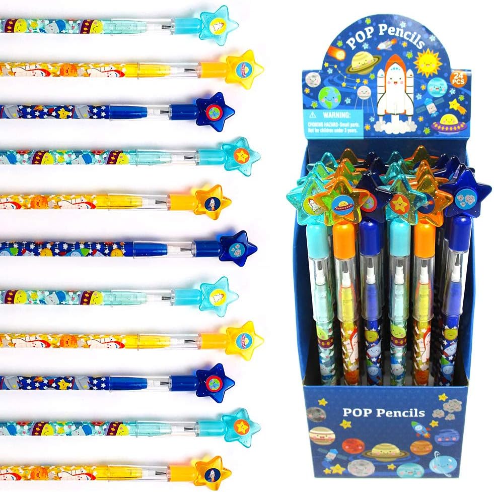 TINYMILLS outer space stackable rocket pencils for kids, 24 colorful pencils with star caps
