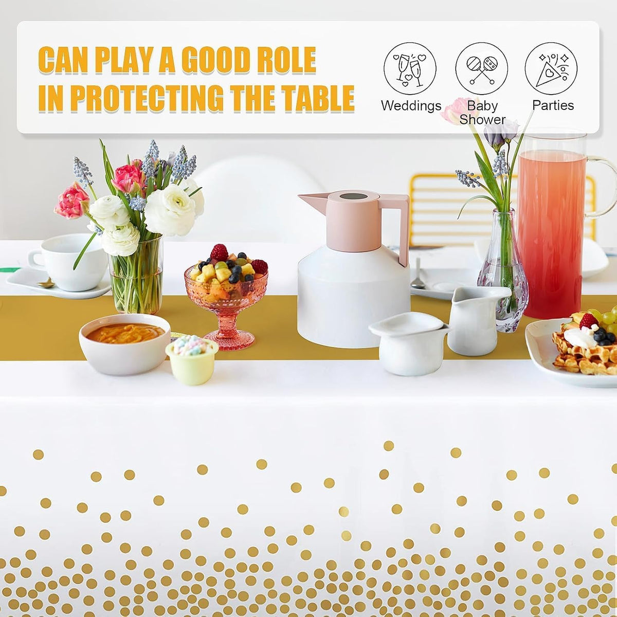 Childom 3 Pack Black and Gold Tablecloths for Events - White and Gold - image 3