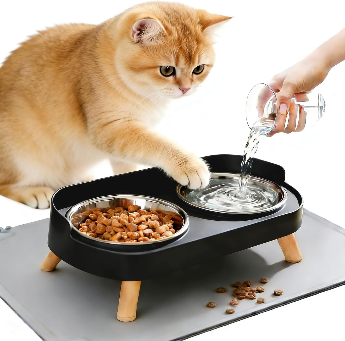 Elevated Cat Bowls with Food Mat - Black
