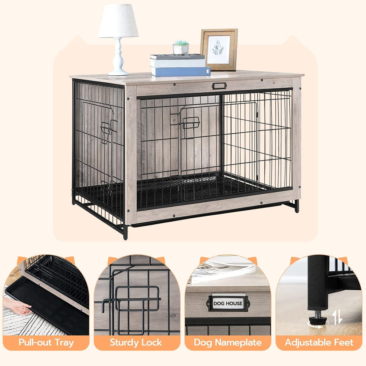HOOBRO Dog Crate Furniture, 38.6" Large Dog Kennel Indoor - 38.6"L x 25.6"W x 26.9"H / Greige - image 3